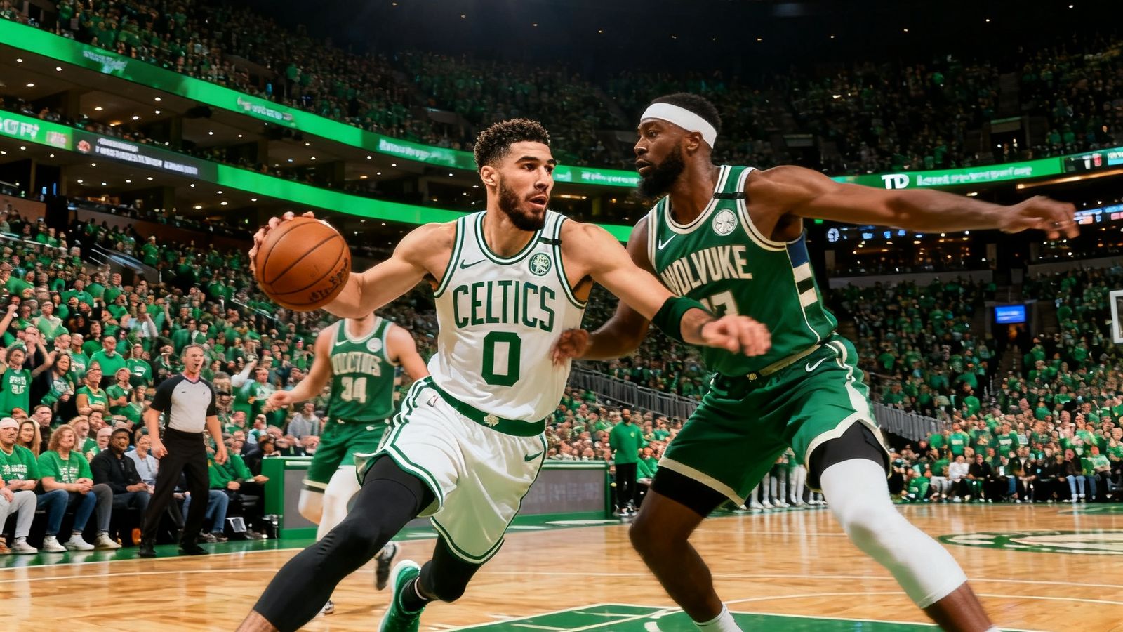 NBA常规赛波士顿凯尔特人主场迎战密尔沃基雄鹿，TD花园球馆内塔图姆持球突破，观众席绿色海洋