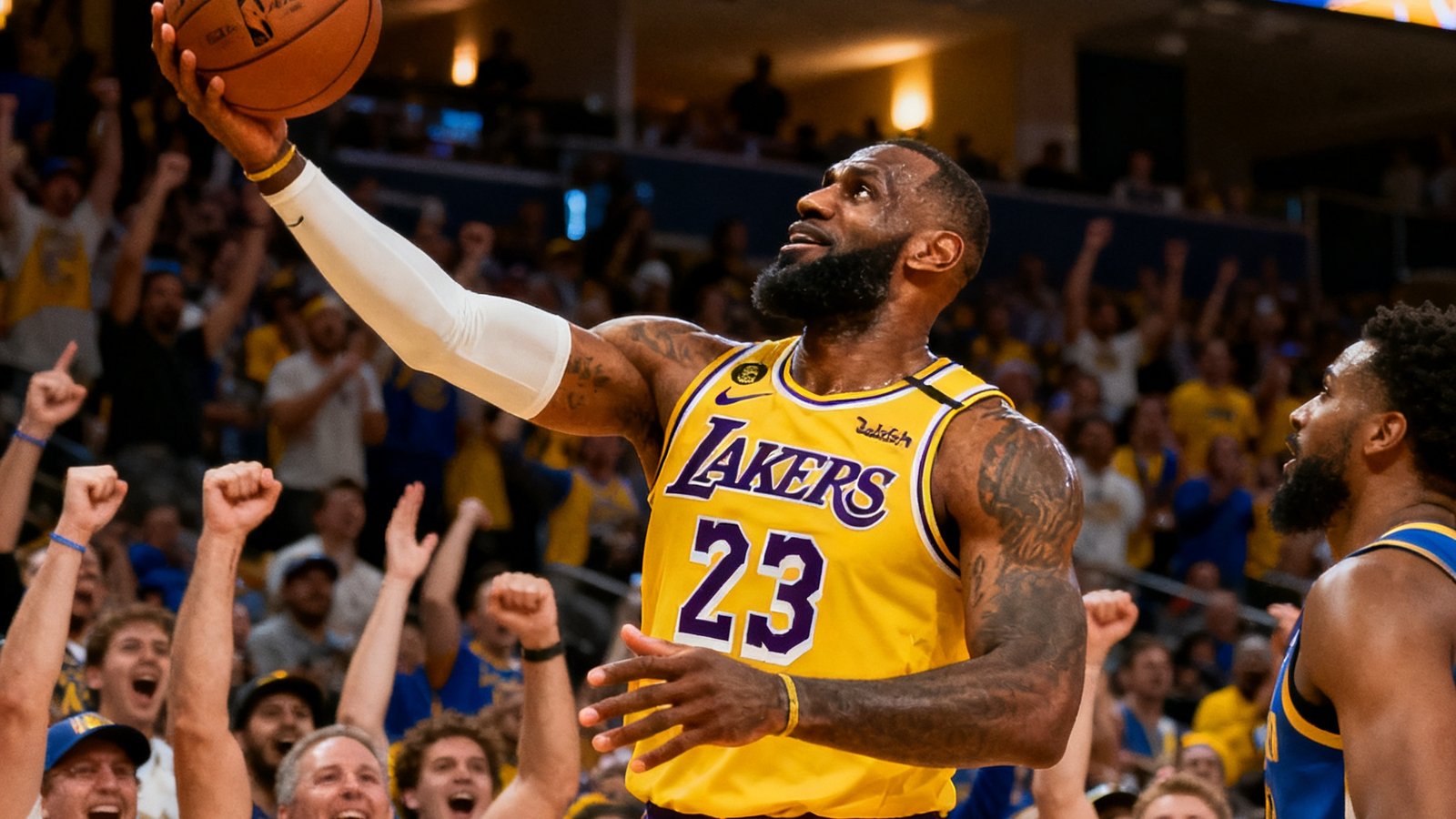 NBA季后赛湖人对勇士全场集锦封面图，詹姆斯在终场前0.3秒投进绝杀三分，全场观众起立欢呼